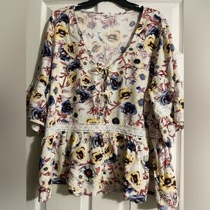 Maurices Floral Lace-Up Blouse - White, Yellow, Blue